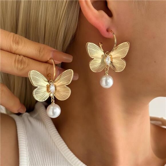 Vintage Gold Butterfly Dangle Earrings – Pearl Accent Alloy Statement Jewelry - Picture 2 of 5